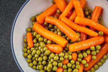 Green peas and carrot canned food tasty fresh delicious gourmet food background table rustic food top view copy space keto and paleo diet vegetarian and vegan food