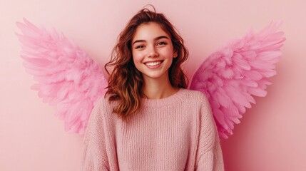 Young woman smiling with pink wings against a pink background
