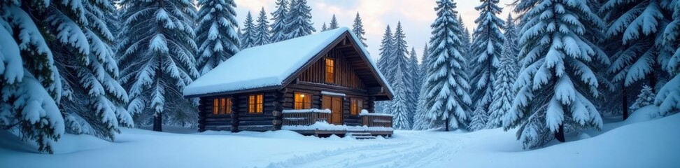 Snow-covered wooden cabin nestled in coniferous forest, isolation, forest