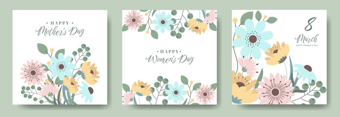 Cute Floral Card Set for Womens Day March 8, Birthday, Mothers Day, Weddings, Sale, Invitation. Hello Spring Summer Card or Poster Set with Нand Drawn Flowers. Cute Template for Spring Summer Holiday.