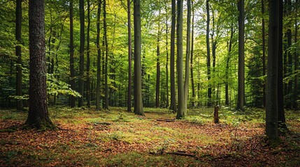 Obraz premium Dense green forest scene with tall trees and autumn foliage