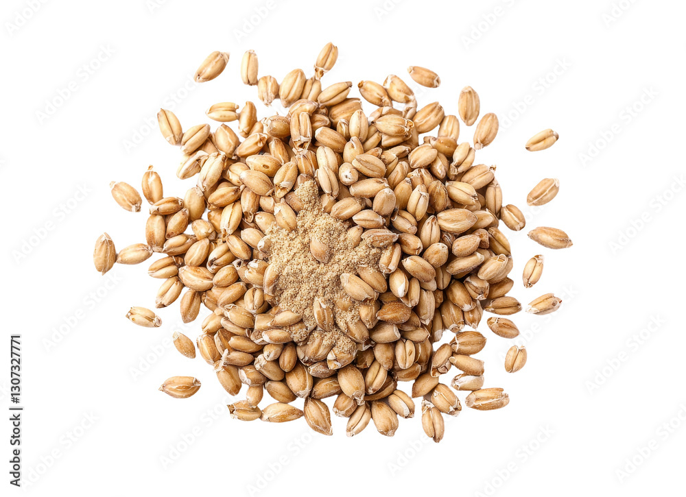 Aufkleber a top view of spelt bran and grains is presented in isolation against a white background