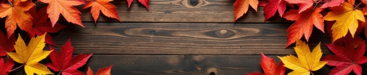 Fototapeta premium Rustic wood background, vibrant autumn leaves frame , october, seasonal