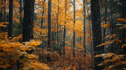 Fototapeta premium Autumnal forest scene featuring several tall trees and bright leaves
