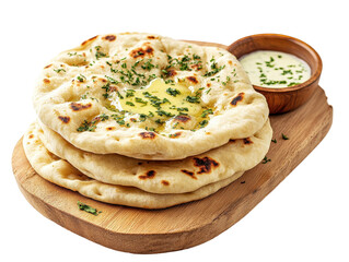 Isolated Stack of Three Naan Bread with Butter on Wooden Board