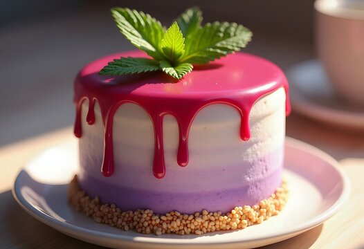 Closeup of raspberry cake in a plate on wooden table
