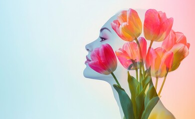 Fototapeta premium A Womans Serene Profile Merges With A Vibrant Bouquet Of Tulips, A Soft Pastel Dream With Gentle Light