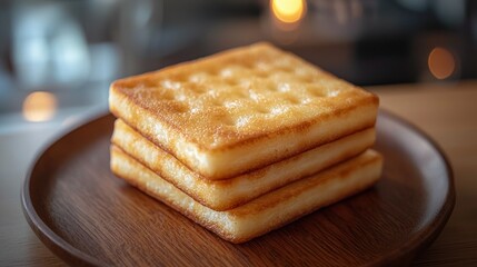 Crackers stack cafe wooden plate bokeh background