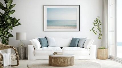 luxurious presentation of a medium sized horizontal framed art aspect ratio 3:2 in a modern bright and breeze coastal interior with soft muted colors