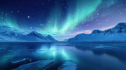 Naklejka premium A breathtaking Arctic night with the Northern Lights