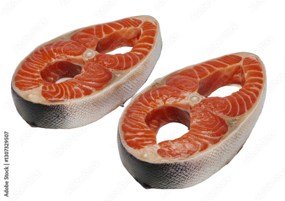 Poster raw fish slices, steak, salmon, and trout, all isolated on a white background, with clipping path an