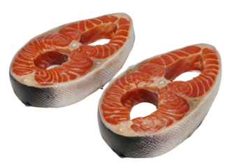 raw fish slices, steak, salmon, and trout, all isolated on a white background, with clipping path and full depth of field’ becomes ‘steak and various fish such as salmon, trout, and a slice of raw