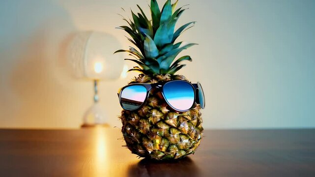 quirky fun depiction wooden pineapple figurine wearing trendy sunglasses adding playful tropical vibe high definition video animation
