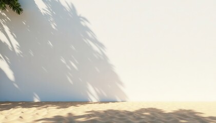 Sun-drenched white wall, brown sand, beach, tree shadow , tropical, outdoor, peaceful