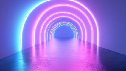 Vibrant Neon Arches in a Futuristic Hallway with Reflections on Wet Floor, Creating an Ethereal and Tech-Savvy Ambiance for Modern Spaces