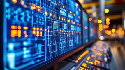 Industrial control room with glowing digital displays.