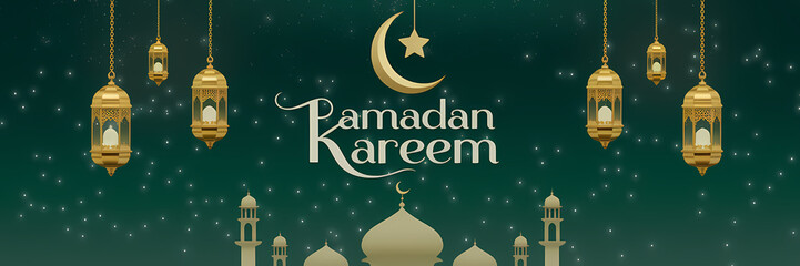 Fototapeta premium Minimalist Ramadan Kareem Greeting Card Design Featuring Hanging Golden Lanterns Crescent Moon and Mosque Silhouette on Deep Green Background with Arabic Calligraphy and Elegant Islamic Ornamentation