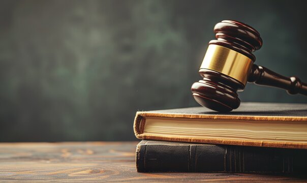 Close-up of a wooden judge’s gavel on stacked legal books