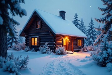 Snow-covered roof with a warm glow from inside light, frosty, snowflakes