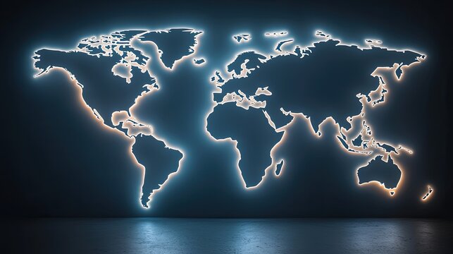 mapa mundi en pared con leds en los bordes, todo blanco, 8k