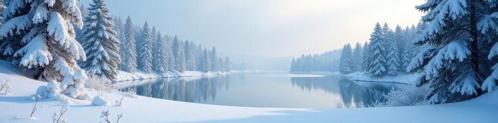 Naklejka premium Snow-covered pine trees with a frozen lake in the background, winter, snowy