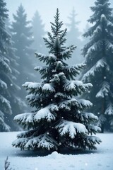 Obraz premium Snow-covered pine tree with black branches in winter landscape, forest, festive
