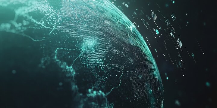 Futuristic digital globe with data streams.