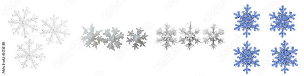 Poster three snowflakes, isolated on a white background, are the subject of a macro photo that emphasizes t
