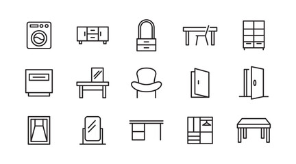 Home Decor line icon set. Kitchen, living room, decoration, bedroom, interior design, dishes, devices, finishing, household, appliances, stylish line icon set. UI thin line icon pack.