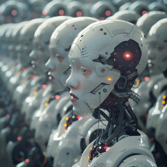 Fototapeta premium Futuristic Humanoid Robots in Assembly Line