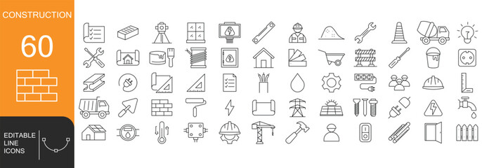 Construction and Building Line Icon Set – 60 Vector Outline Icons of Tools, Machinery, Workers, Safety Equipment, and Architecture with Editable Stroke

