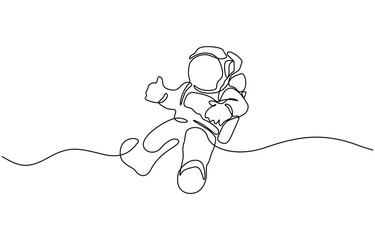 Obraz premium Single continuous line drawing of young cosmonaut scientist discovering spacewalk, Astronaut in continuous one line drawing. Single line art illustration of astronaut in outer space. Editable vector.