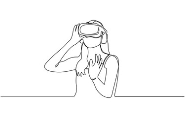 Young woman is experiencing virtual reality through a VR headset, Single continuous line drawing of virtual reality game player concept one line draw design vector illustration.