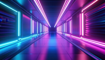 Vibrant neon corridor with glowing lights and reflective surface creating a futuristic atmosphere in a dark space