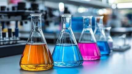 Colorful liquids in lab beakers, science research