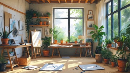 Fototapeta premium Art Studio with Plants, Room interior filled with sunlight and green plants, tables hold drawing supplies and artwork, creative workspace with natural light
