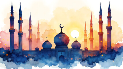 Eid al-Fitr celebration, watercolor art illustration
