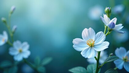 Delicate blue and white blossoms, lush floral backdrop, design, botanical, peaceful