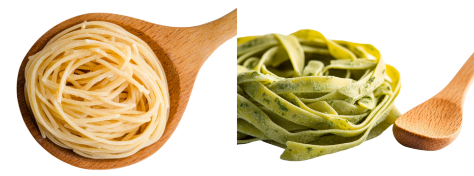 In a clay bowl, dry raw egg pasta noodles and a wooden spoon are isolated against a plain white background