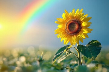 A single sunflower faces the sun with a glowing rainbow stretching over a vast green field at sunset, representing optimism and perseverance.