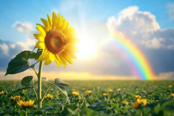 A single sunflower faces the sun with a glowing rainbow stretching over a vast green field at sunset, representing optimism and perseverance