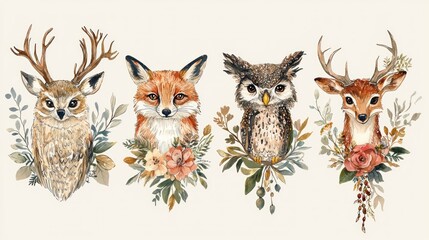 Fototapeta premium Watercolor Portraits Of Forest Animals Surrounded By Floral Arrangements