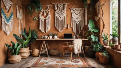 Brown room interior with plants, macrame art and wooden furniture. Computer sits on desktop in relaxing space, patterned rug lies on floor.