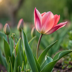 Fototapeta premium Elegant tulip flower in soft pink with green leaves in a garden setting