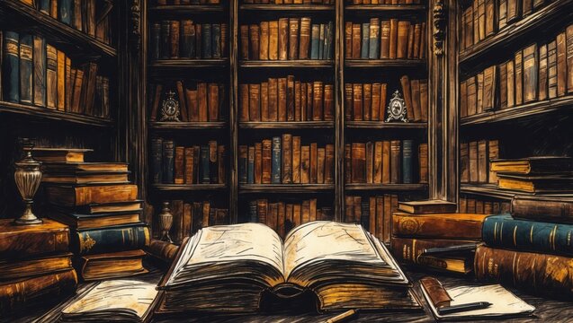 Sketch art shows library full with old books on shelves. Open book lies on desk in foreground with pencil. Dark brown color palette is used.
