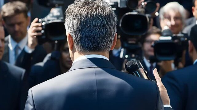 Man giving press conference, surrounded by cameras