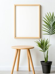 Modern Minimalist Home Decor - Simple wooden table and frame with a palm plant, perfect for minimalist home decor, interior design, and