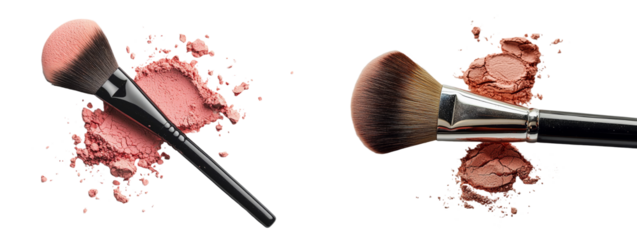 A brush is pictured with face powder and makeup against a white background