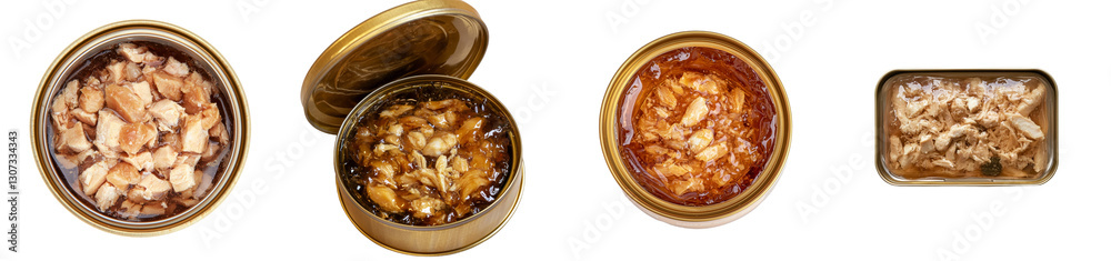 Aufkleber from a top view, a tin can containing cat food is displayed with its packaging isolated on a plain w