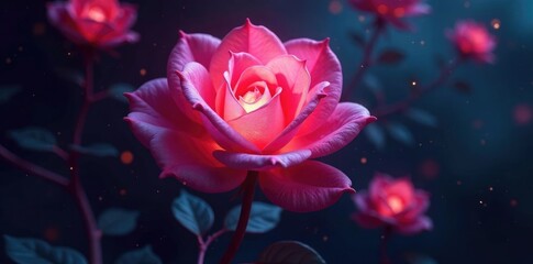 Obraz premium Shining neuron rose blooms form a shimmering veil in the darkness, soft light, veiled, ethereal
